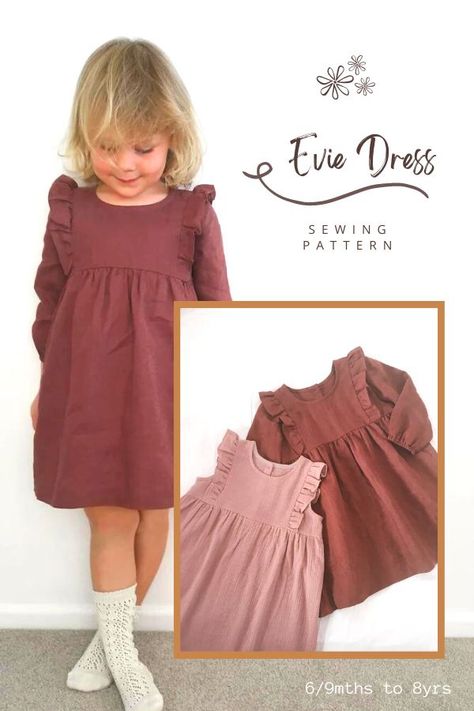 Evie Dress sewing pattern (6/9mths to 8yrs). This easy-fitting dress with a round neck has a lot of excellent features including a gathered skirt at the empire waist, ruffled bodice, and back button closure. You can make this dress with long sleeves with elasticated cuffs or sleeveless. Self-bias binding finishes the armholes and neckline. SewModernKids Baby Dress Sewing Patterns Free, Childrens Clothes Sewing Patterns Free, Easy Girls Dress Pattern Free, Free Kid Sewing Patterns, Easy Baby Dress Pattern Free, Sewing Patterns For Kids Clothes, Baby Girl Dress Patterns Free, Baby Girl Dress Sewing Pattern, Free Girls Sewing Patterns