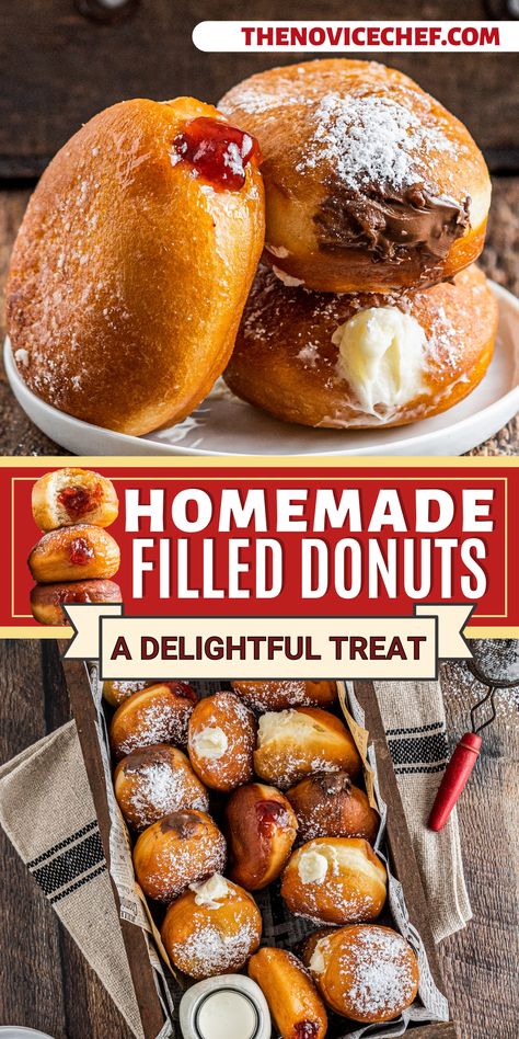 Made from scratch, these easy Homemade Filled Donuts are made with an old-fashioned enriched dough that’s lightly sweet, fluffy, and pillowy. With three choices of filling - cheesecake, jelly, Nutella, oh my! - there’s something for everyone. Homemade Donut Sticks, Easy Homemade Donuts Recipe No Yeast, Cheesecake Filled Donut, Lemon Filled Donuts Recipe, Filling For Donuts Recipes For, Easy Doughnut Holes, Doughnut Filling Ideas, Doughnut Frosting Recipes, Homemade Yeast Donuts Recipe