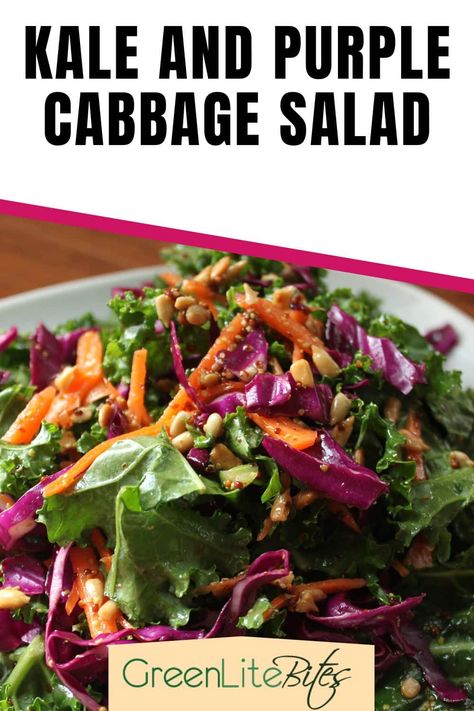 kale and purple cabbage salad pin Purple Cabbage Recipe, Purple Cabbage Salad, Pomegranate Salad Dressing, Purple Cabbage Recipes, Purple Cabbage Slaw, Red Cabbage With Apples, Purple Kale, Kale Slaw, Kale Quinoa Salad