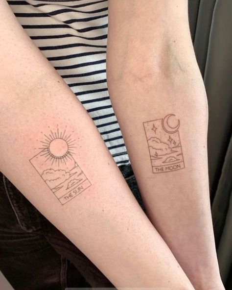 Small Sun And Moon Tattoos Matching, Matching Bestie Tattoos Sun And Moon, The Sun And The Moon Tattoo Tarot, Distant Best Friend Tattoos, Matching Tattoos Tarot Cards, Sun And Moon Tattoo Matching Tarot, Big Sun And Moon Tattoo, Sun Moon Bestie Tattoo, Tarot Card Tattoo Matching