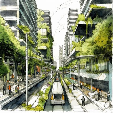 Green Cities Concept, Urban City Planning, Nature In Urban Environment, Urban City Sketch, Future Urban Design, Walkable City Design, Urban Design Illustration, Sustainable Urban Planning, Green Urban Design