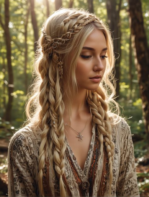 23 Blonde Boho Braids Easy To Copy [2024] – Scan to Talk Braid Hairstyles Blonde Hair, Midevil Hair Braids, Midevil Wedding Hairstyles, Female Viking Braids, Braided Boho Hairstyles, Druid Hairstyles, Spiritual Braids, Nordic Hairstyles Women, Middle Age Hairstyles