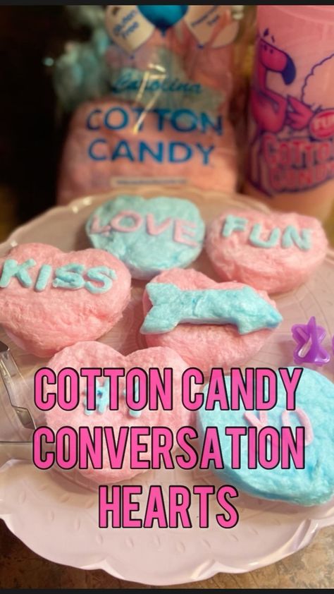 Curator☕️ on Instagram: “💗 Cotton Candy cakes are a new trend so I set out to see if I could make them into conversation hearts for Valentines Day 💘 🤍 ❤️…” Valentines Cotton Candy, Hearts For Valentines Day, Cotton Candy Favors, Cotton Candy Cakes, Candy Cakes, Conversation Hearts, Converse With Heart, New Trend, Holiday Diy