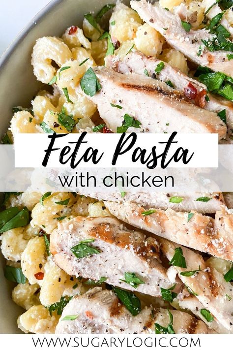 This quick pasta dish comes together in no time. Inspired by the viral TikTok Baked Feta Pasta recipe, this chicken feta pasta is similarly made using feta, garlic, and olive oil. This recipe, however, has the addition of sweet minced shallot and chicken for protein. Feta Cheese And Chicken Recipes, Chicken Feta Spinach Pasta, Chicken And Feta Pasta, Recipes With Feta Crumbles, Feta Sauce Pasta, Chicken With Feta Cheese, Feta Cheese Pasta Recipes, Greek Pasta Dinner, Chicken Feta Recipes