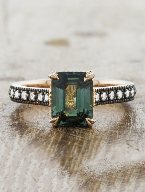 Emerald Unique Rings, Different Engagement Ring Settings, Vintage Color Engagement Rings, Dark Wedding Rings Women, Sapphire And Emerald Engagement Ring, Unique Engagement Rings Not Diamond, Moody Engagement Ring, Emerald Vintage Ring, Green Sapphire Ring Engagement