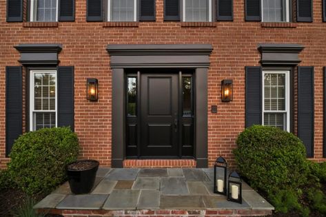 Front Door Red Brick House, House Exterior Update, Brick Colonial House Exterior, Colonial Brick House, Brick Colonial House, Brick House Exterior Makeover, Brick House Exterior, Red Brick House Exterior, Red Brick Exteriors