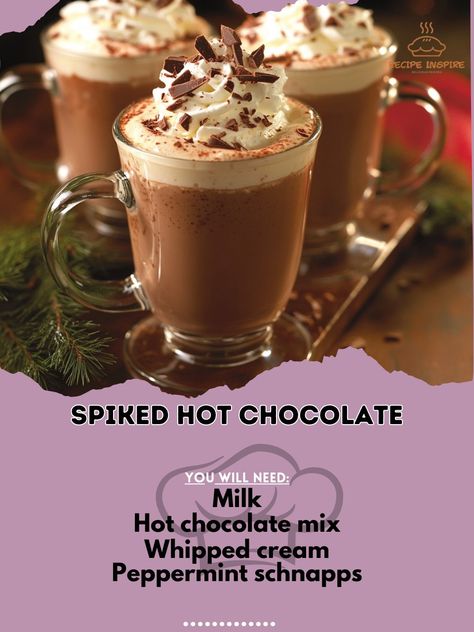 Warm up with a cozy twist on classic hot chocolate! Perfect for chilly nights and festive gatherings! ❄️🍫 #WarmAndCozy Spiked Hot Chocolate Ingredients: Milk (2 cups) Hot chocolate mix (1/2 cup) Whipped cream (for topping) Peppermint schnapps (1 oz) Chocolate shavings (for garnish) Instructions: Heat milk in a saucepan and whisk in hot chocolate mix until smooth. Stir in peppermint schnapps. Pour into mugs and top with whipped cream and chocolate shavings. ☕️🎉 Enjoy this Spiked Hot Chocol... Hot Chocolate Ingredients, Peppermint Schnapps, Chocolate Ingredients, Spiked Hot Chocolate, Classic Hot Chocolate, Hot Chocolate Mix, Chocolate Mix, Chocolate Shavings, Schnapps