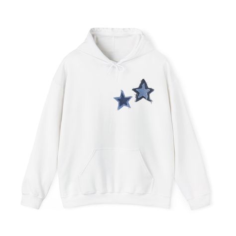 denim blue stars hoodie available in white, black, gray, light blue, navy blue, and red ~ cool and trendy hoodie with two denim blue stars, designed by me! 100% cotton, ethically & sustainably sourced ~ size availability: s, m, l, xl, 2xl i recommend sizing up from your usual size for a comfy oversized fit! Blue And White Hoodie, Denim Stars, Star Sweatshirt, Star Hoodie, Stars Vintage, Patchwork Hoodie, Sweatshirt Y2k, Stitch Hoodie, Navy Blue Hoodie