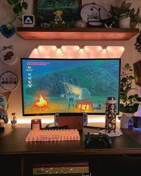 Nintendo Switch Set Up, Zelda Gaming Setup, Blue Gaming Setup Aesthetic, Bf Template, Nintendo Switch Setup, Zelda Room, Zelda Aesthetic, Pastel Gamer, Nintendo Room