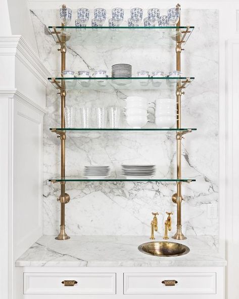 French Bistro Shelves in the Kitchen - Petite Haus Bistro Shelves, Bistro Shelving, Brass Shelving, Bistro Kitchen, Bar Shelves, French Country Kitchens, 카페 인테리어 디자인, Open Kitchen Shelves, Home Bar Designs