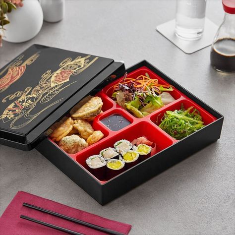 A bento box is filled with sushi, seaweed, a salad,  vegetable tempura, and soy sauce. Bento Box Aesthetic, Traditional Bento, Bento Box Traditional, Asain Food, Lunch Kits, Lunch Tray, Box Aesthetic, Red Tray, Cute Bento Boxes