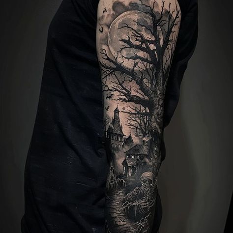 Detailed gothic tattoo sleeve design with barren tree, full moon, mysterious house, and skeletal figure, showcasing darkly beautiful aspects of goth culture. Landscape Tattoo Sleeve, Haunted House Tattoo, Mysterious House, Gothic Culture, Wrist Tattoos For Guys, Landscape Tattoo, Gothic Tattoo, Arm Sleeve Tattoos, 3d Tattoo