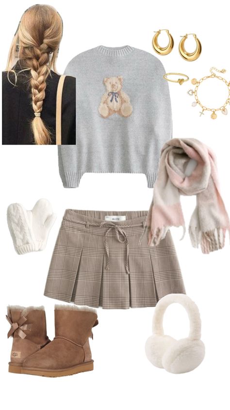 #falloutfits #fall #uggs #bowuggs #scarf #hollister #bearsweater #frenchbraid #sweaterwheather #outfitinspo Bailey Uggs Outfit, Bailey Bow Uggs Outfit, Acubi Winter, Short Uggs Outfit, Fall Uggs, Hollister Outfits, Chilly Weather Outfits, Hollister Clothes, Winter Wishlist