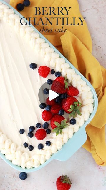 Whitney DePaoli | Sugar & Sparrow on Instagram: "BERRY CHANTILLY SHEET CAKE 🍓🫐 a sheet cake version of my favorite Summer cake: two layers of bakery-style white cake with sweet berry jam, fresh berries, and the most delicious Chantilly cream frosting ever. This recipe is so easy to decorate and transport as a sheet cake 🙌🏼 it’ll be the hit of your next gathering! ⁣⁣
⁣⁣
Full recipe + decorating tutorial linked in my bio (or at https://sugarandsparrow.com/berry-chantilly-sheet-cake/) ✨⁣⁣
⁣⁣
#sheetcake #berries #chantillycake #whitecake #vanillacake #bakedfromscratch #mascarpone #berrycake #cakedecorating #baking #cakeideas" Vanilla Cake With Berries, Chantilly Sheet Cake, Fruit Cake Decoration, Sheet Cakes Decorated, Cake Decorated With Fruit, Sheet Cake Designs, Summer Cake, Chantilly Cream, Berry Jam