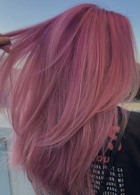 Blond To Pink Hair, Mixed Pink Hair, All Over Pink Hair, Pink Hair For Blondes, Pink Color Hair Ideas, Dark To Light Pink Hair, Pink Hair Dye Aesthetic, Pink Hair With Pink Highlights, Pink Hair Layers