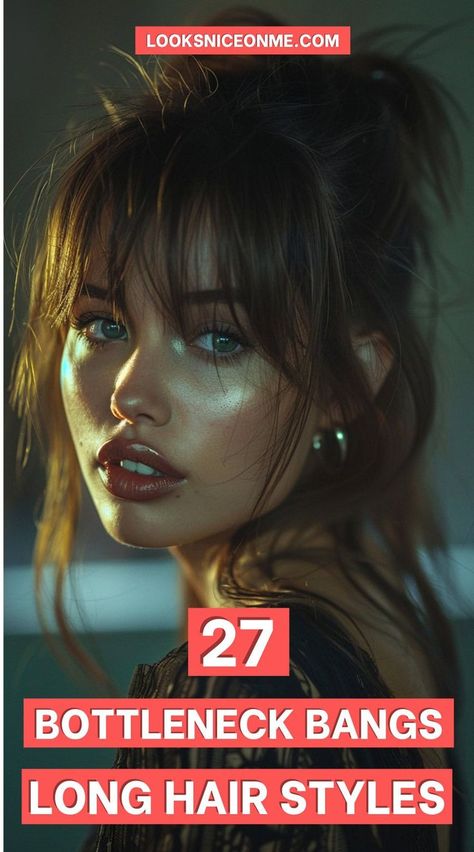 This article will provide you with various hairstyle ideas featuring bottleneck bangs that can suit different hair textures and personal styles. Bottleneck Bangs Side Part, Curtain Bangs Long Hair Extensions, Cute Bangs Hairstyles Long Hair, 90s Updo With Bangs, Piecey Bangs Long Hair, Fringe Ideas For Long Hair, Bangs For Widows Peak, Long Straight Hair With Bangs Round Face, Hidden Bangs Hairstyles