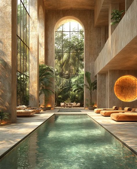 Luxurious indoor pool, modern design, tranquil, relaxing atmosphere. Indoor Pool Atrium, Indoor Pool Design Luxury, Indoor Pool House Luxury, Spa Pool Aesthetic, Indoor Natural Pool, Indoor Pool Architecture, Pool Indoor Design, Rectangular Pool Landscaping, Spa Pool Area