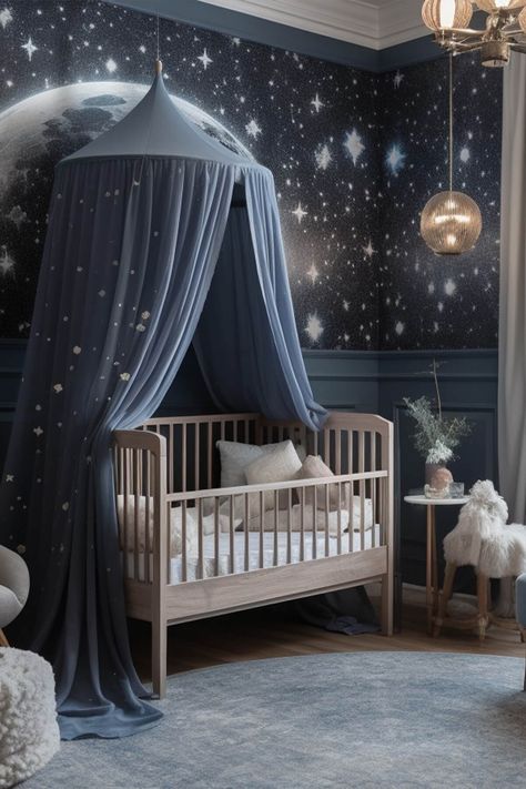 18 Nursery Ideas to Transform Your Baby's World - Remodr Celestial Nursery, Night Nursery, Dreamy Nursery, Baby Room Colors, Dreamy Decor, Baby Playroom, Baby Room Themes, Moon Nursery, Space Themed Nursery