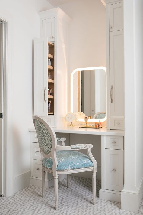 Make Up Cabinet With Mirror, Make Up Cabinet Ideas, Dressing Table Alcove Vanity Area, Lighted Vanity Mirror Make Up, Dressing Table In Closet Ideas, Makeup Vanity Next To Shower Wall, Makeup Nook Bathroom, Make Up Area In Bathroom Makeup Vanities, Lighting For Makeup Area