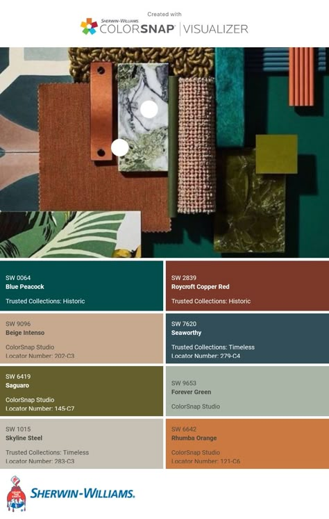 Dark Green Home Color Palette, Olive Teal Color Palette, Green Office Color Palette, Eclectic Color Palette Interiors, Mid Century Boho Color Palette, Earth Tone Eclectic Living Room, Orange And Green Living Room Ideas, Midcentury Modern Living Room Paint Colors, Teak Wood Color Palette