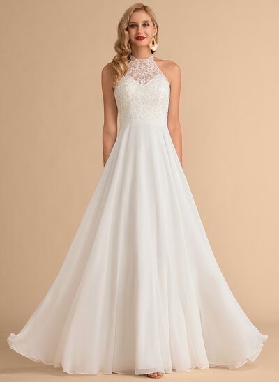 Wedding Dresses & Bridal Dresses 2020 | JJ's House Floor Length Lace Dress, Watteau Train, Wedding Dress Silhouette, Chiffon Lace Dress, Crepe Wedding Dress, Floor Length Wedding Dress, High Neck Wedding Dress, Neck Wedding Dress, Bow Wedding Dress