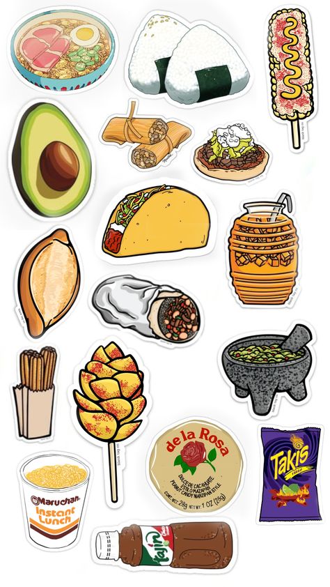 Cute Food Stickers Printable, Printable Food Stickers, Aesthetic Food Stickers, Food Stickers Aesthetic, Food Stickers Printable, Food Sticker, Mexican Culture Art, Stickers Cartoon, Paper Dolls Diy