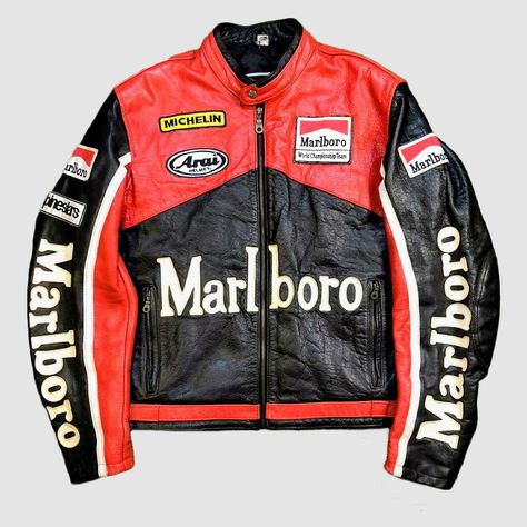 Vintage Marlboro Leather Jacket Racing 1990s RARE Streetwear Leather Racing Jacket Outfit Men, Car Racer Outfit, Racing Jacket Outfit, Motorcycle Fashion, Tokyo Aesthetic, Neo Tokyo, Racing Jacket, Vintage Leather Jacket, Men's Outerwear