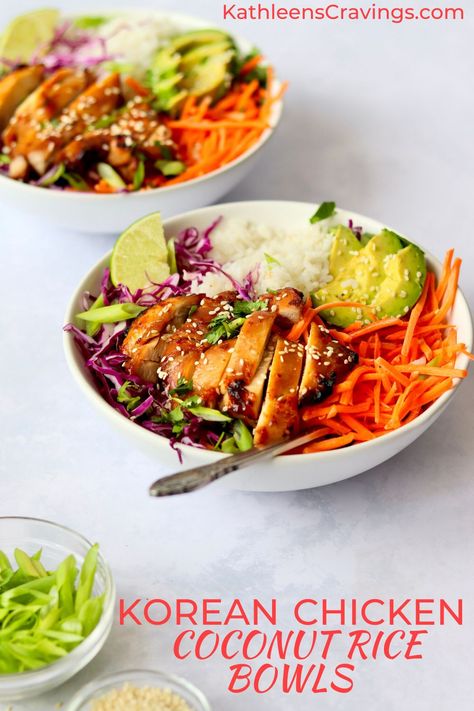 Rice Bowls With Cabbage, Cobb Salad Rice Bowl, Chicken Korean Bowl, Cold Rice Bowls For Lunch, Korean Chicken Bowls, Coconut Rice Dinner, Coconut Rice And Chicken Recipe, Chicken Avocado Rice Bowl, Korean Rice Bowl Chicken