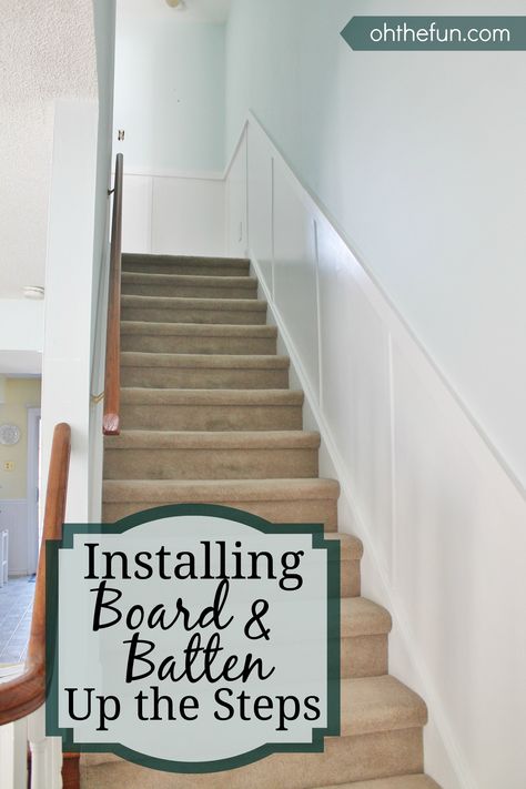 Board And Batten Stairwell Staircases, Board And Batten Wall Up Stairs, Stairwell Wall Ideas Board And Batten, Staircase Batten Board, Staircase Wall Board And Batten, Ideas For Walls Going Up Stairs, Basement Stairs Board And Batten, Diy Board And Batten Wall Stairs, Diy Board And Batten Stairway