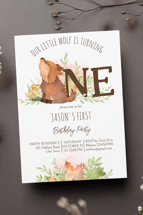 Wolf birthday party template invitation cute wolf puppy first birthday wild one fall themed invite Wolf Birthday Invitations, Wolf Themed Birthday Party, Wolf Birthday Party, Puppy First Birthday, First Birthday Template, First Birthday Wild One, Wolf Birthday, Fall First Birthday, Birthday Party Template