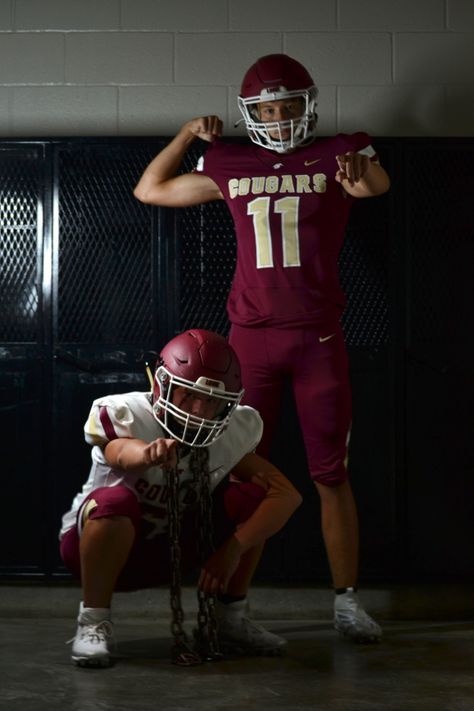 Duo Pose - Football Locker Room Football Group Photo, Mascot Photoshoot Ideas, Football Photoshoot Ideas Kids, Sports Group Photos, Brother Football Pictures, Brothers Football Picture Ideas, Football Poses For Pictures High Schools, Aesthetic Football Pictures, Football Media Day Poses