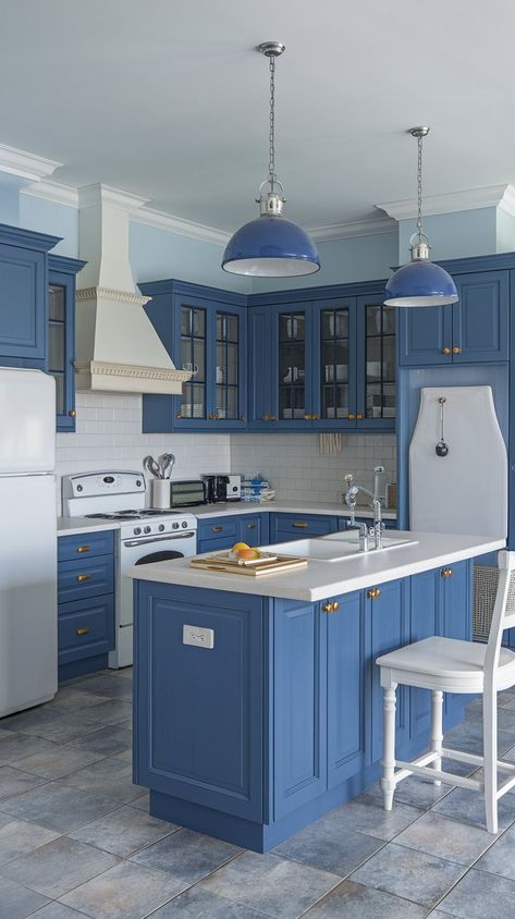 13 Blue Kitchen Ideas You’ll Adore – My Blog Blue Appliances Kitchen, Blue Kitchen Ideas, Blue Kitchen Walls, Kitchen Pop, Kitchen Table Oak, Blue Kitchen Designs, Blue Bar Stools, Light Blue Kitchens, White Tile Backsplash