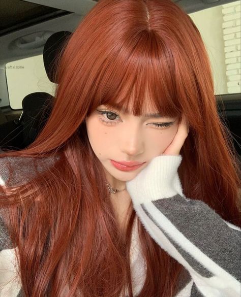 Brick Orange Hair, Kpop Ginger Hair, Muted Orange Hair, Orangy Red Hair, Cool Toned Orange Hair, Korean Copper Hair, Orange Hair Korean, Korean Ginger Hair, Ginger Hair Korean