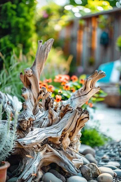 Driftwood Ideas for Garden: Creative Landscaping Tips Drift Wood Diy, Driftwood Landscaping, Driftwood Landscaping Ideas, Unique Landscaping, Driftwood Planters, Creative Landscaping, Rustic Diy Projects, Crafts 2024, Oasis Pool