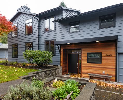 Slate blue exterior paint with black trim and a special design feature surrounding the front door- cedar shiplap! Slate Blue House Exterior, Blue Home Exterior, Blue Exterior House Colors, Dark Blue House Exterior, Blue House Exterior, Light Blue Houses, Dark Blue Houses, House Trim, Exterior House Color