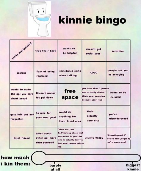 Kin Bingo Template, Toilet Inanimate Insanity, Inanimate Insanity Kinnie Bingo, Kin Bingo, Fun Templates, Kinnie Bingo, Bingo Template, Social Cues, Inanimate Insanity