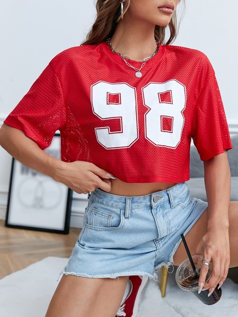 Red Casual Collar Short Sleeve Woven Fabric Letter  Embellished Slight Stretch  Women Clothing Blusas Crop Top, Crop Top Tees, Leopard Print Top, Womens Jersey, Crop Top Shirts, Short Sleeve Cropped Top, Black North Face, Women T Shirts, Print Crop Tops