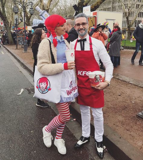 #Halloween #costumesideas #couplescostume #kfc #colonelsanders #wendys #wendysburger Kernal Sanders Kfc Costume, Wendy’s Fast Food Costume, Wendy's Costume Fast Food, Wendy Costume Fast Food, Wendy’s Costume, Wendys Costume, Wendy's Costume, Fast Food Halloween Costumes, Kfc Halloween Costume