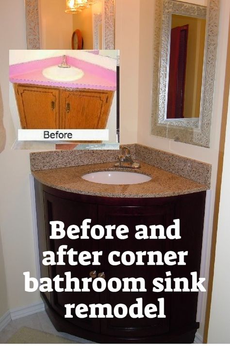 Before and After Corner Bathroom Sink Remodel. DIY Remodeling and Replacing a Corner Vanity in Bathroom #bathroom #homdecor Diy Corner Bathroom Vanity, Corner Mirror Bathroom, Small 1/2 Bath, Bathroom Sink Remodel Diy, Corner Vanity Sink, Corner Bathroom Sink, Bathroom Vanity And Sink, Bathroom Sink Remodel, Sink Remodel