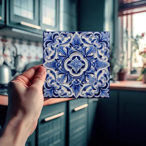 Indigo Azulejo Blue Portuguese Lisbon decorative Talavera ceramic tiles are a beautiful and unique addition to any home. A high-quality product with a timeless esthetic. The blue color of the tiles is inspired by the indigo blue of Lisbon's famous azulejo tiles, adding a touch of history and culture to your space. These tiles are perfect for creating a statement wall or backsplash in your kitchen or bathroom, and their durability makes them suitable for use on both walls and wet surfaces. Add a Italian Tile Backsplash, Portugal Tiles, Blue Backsplash Kitchen, Blue Backsplash, Back Wallpaper, Creative Kitchen, Portuguese Tiles, Talavera Tiles, Italian Tiles