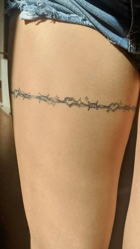 Barbwire Around Arm Tattoo, Heart With Barb Wire Tattoo, Barb Wire Bracelet Tattoo, Barb Wire Tattoo Around Leg, Waist Chain Tattoo, Barbed Wire Bow Tattoo, Barbwire Tattoo Thigh, Barbed Wire Tattoo Thigh, Dainty Barbed Wire Tattoo