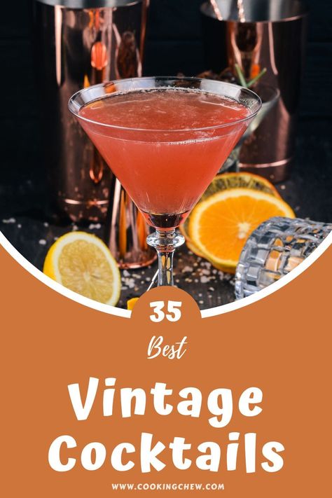 This epic list of vintage cocktails will knock your socks off! Rich with history and a bit of intrigue, check out these 35 vintage cocktails! Vintage Drink Recipes, Old School Cocktails, 1950s Drinks Cocktails, Old Hollywood Cocktails, Vintage Cocktail Recipes, 50th Birthday Cocktails, Classic Cocktails Recipes, 1940s Cocktails, 50s Cocktails