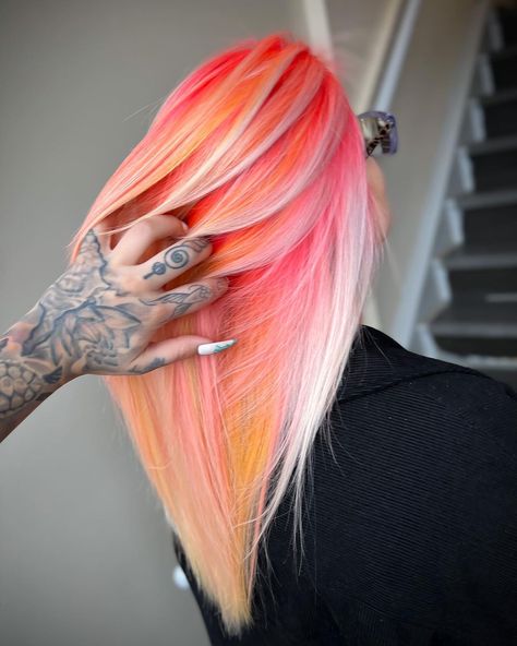 Image description: The back of a person's head, they have neon pink, orange, and yellow hair with white blonde pieces. Two Color Hair Dye Ideas Blonde, Hot Pink And Pastel Pink Hair, Pink Halo Hair Blonde, Fun Hair Colors For Blondes, Blonde With Vivid Color, Bold Hair Color Ideas For Blondes, Hair Color Sectioning, Blonde Root Drag, Blonde Hair With Orange