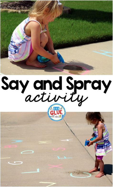 Any activity that allows someone to use spray bottle is a great activity according to my daughter. So, obviously, Say and Spray was a HUGE hit at our house and I have no doubt it would be a huge hit at your home or in your classroom. Preschool Literacy, Preschool Letters, Summer Learning, Letter Activities, Outdoor Classroom, Alphabet Preschool, Early Literacy, No Doubt, Alphabet Activities