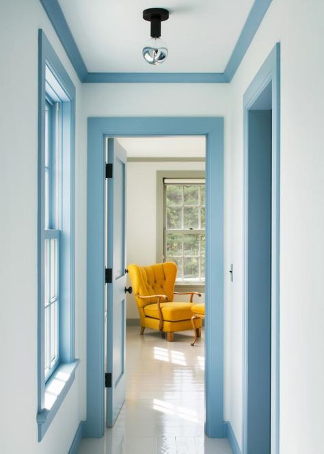 Painted trim is a small way to make a big impact on your home's design in the new year. Whether it's exterior trim, window frames, baseboards or crown molding, make the most of your home's beautiful features with just paint. Lulworth Blue, Hendricks Churchill, Painted Window Frames, Southern Farmhouse, Trending Paint Colors, Painted Floor, Traditional Houses, Modern Hallway, Home Garden Design