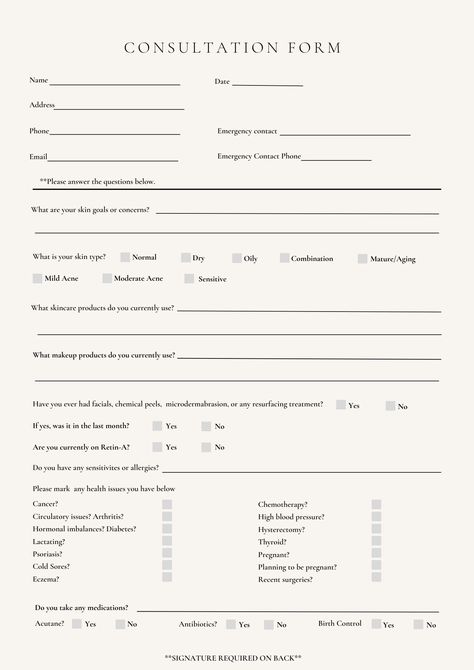 Digital and Printable Consultation Form for Estheticians. Consultation Forms Beauty, Skin Consultation Form, Esthetician Intake Form, Esthetician Consultation Form, Facial Consultation Form, Esthetician Consent Forms, Facial Menu Of Services, Solo Esthetician Business Plan, Esthetician Services List