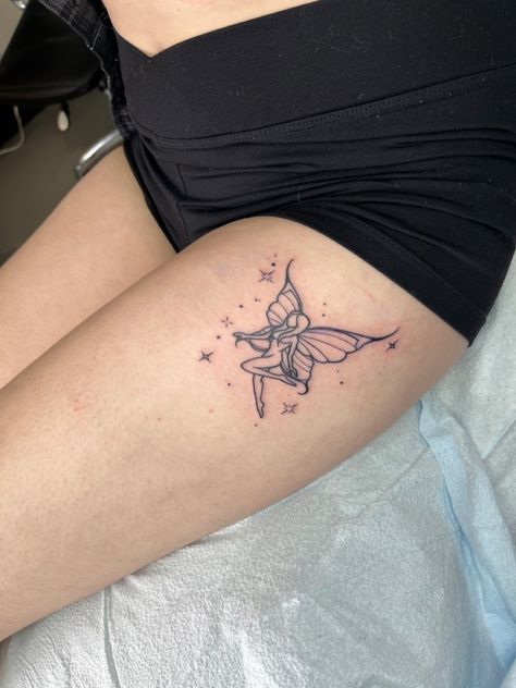 Fairy Tattoo On Leg, Scorpio Fairy Tattoo, Anime Fairy Tattoo, Fairy Lower Back Tattoo, Tramp Stamp Minimalist, Thighs Tattoos For Women, Fairy Tattoo Thigh, Fairy Tattoo Placement, Fairy Hip Tattoo