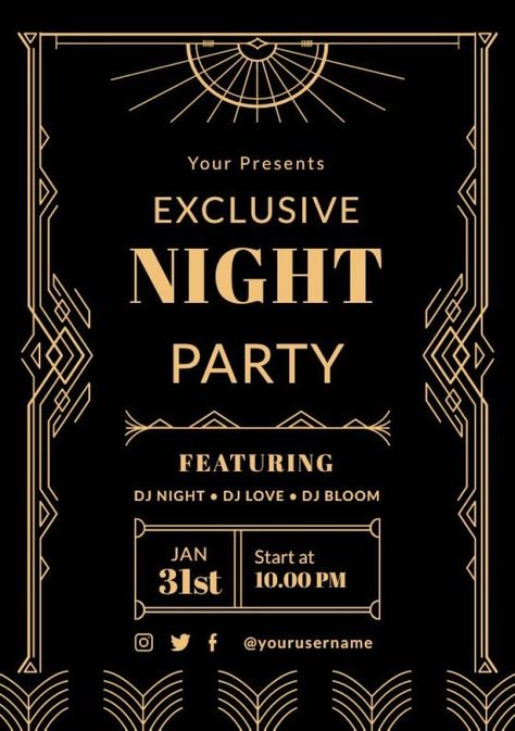 Ornamental Art Deco Exclusive Night Club Party Invitation Club Invitation Design, Night Club Invitation, Club Party Invitation, Night Club Flyer Design, Club Invitation, Club Posters, Ornamental Art, Cocktail Party Invitation, Hidden Bar