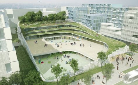 Paris-based Chartier-Dalix architects shared with us their winning proposal for a competition to design a primary school and sport hall in Boulogne Innovative School Design, Green Building Architecture, Green Roof Building, Green Architect, Green Roofs, Eco Architecture, Green School, Architectural Model, Roof Architecture