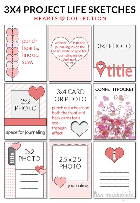 3x4 Project Life sketches using hearts. The sketches can be used for any pocket page scrapbook design. Pocket Letter Pals, Pocket Page Scrapbooking, Project Life Printables, 잡지 레이아웃, Life Sketch, Project Life Scrapbook, Project Life Album, Project Life Layouts, Project Life Cards